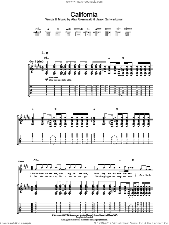 California sheet music for guitar (tablature) by Alex Greenwald, Phantom Planet and Jason Schwartzman, intermediate skill level