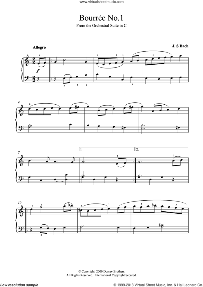 Bourree No.1 sheet music for piano solo by Johann Sebastian Bach, classical score, intermediate skill level