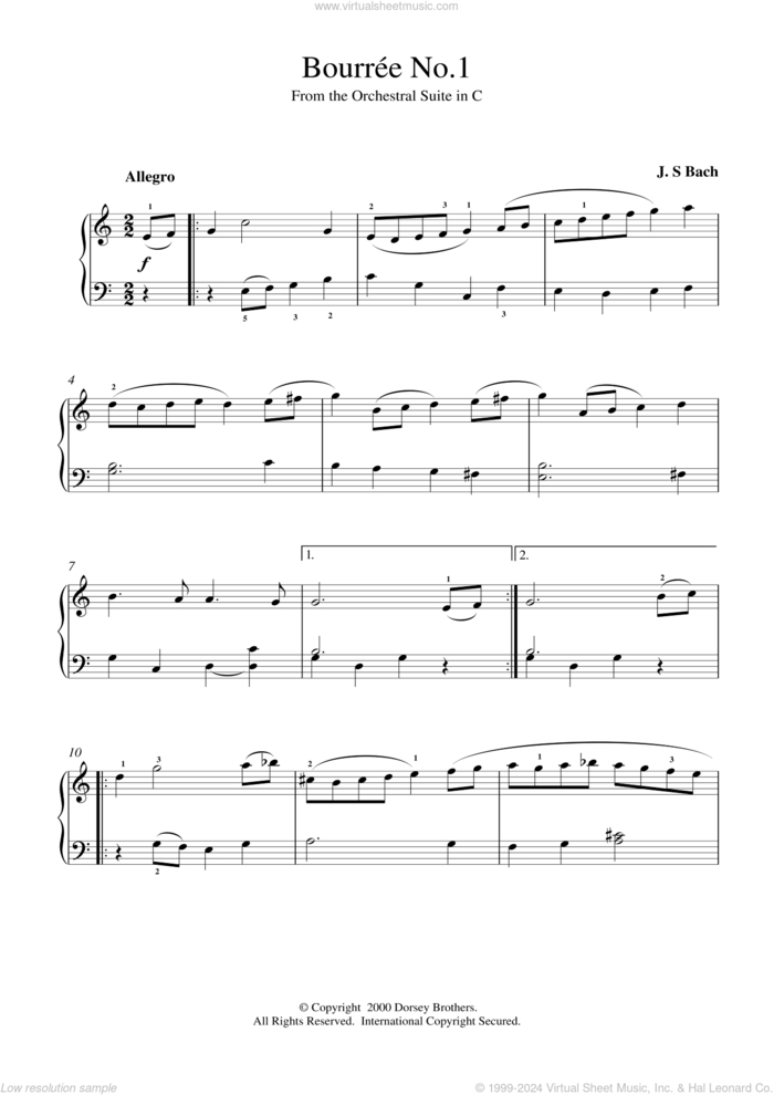 Bourree No.1 sheet music for piano solo by Johann Sebastian Bach, classical score, intermediate skill level