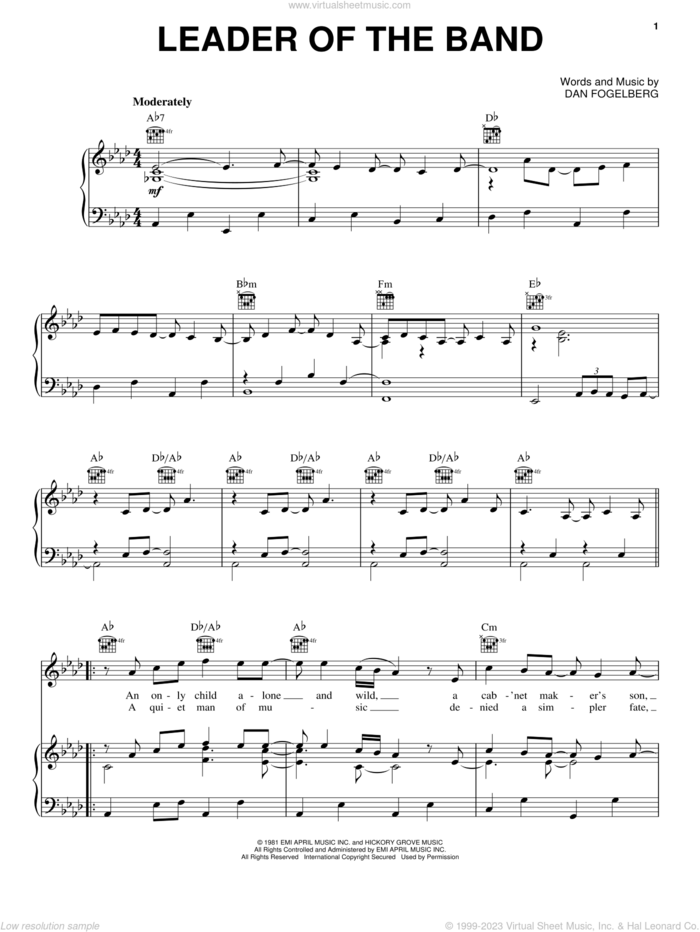 Leader Of The Band sheet music for voice, piano or guitar by Dan Fogelberg, intermediate skill level