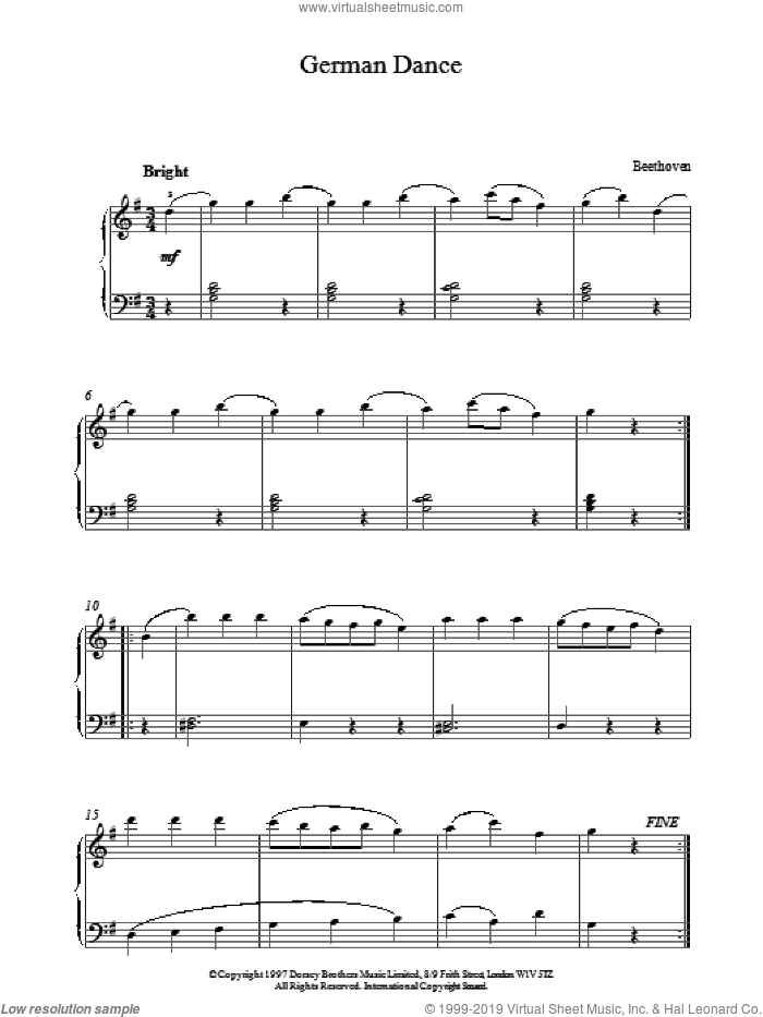 German Dance sheet music for piano solo by Ludwig van Beethoven and Franz Joseph Haydn, classical score, intermediate skill level