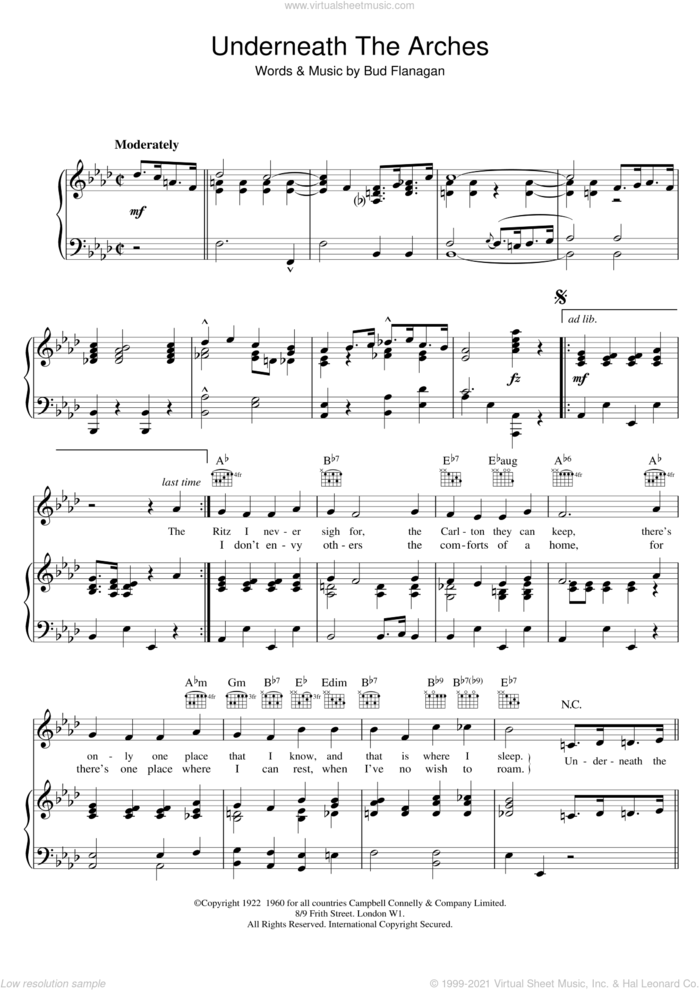 Underneath The Arches sheet music for voice, piano or guitar by Bud Flanagan, intermediate skill level