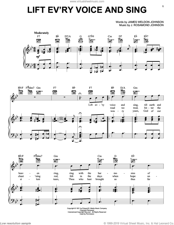 Lift Ev'ry Voice And Sing sheet music for voice, piano or guitar by J. Rosamond Johnson and James Weldon Johnson, intermediate skill level