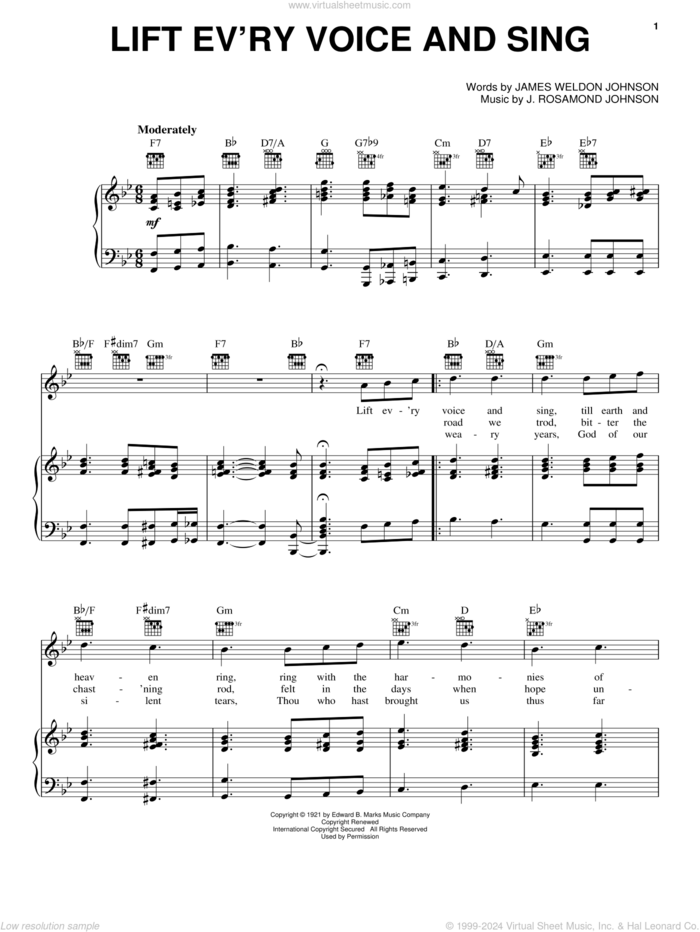 Lift Ev'ry Voice And Sing sheet music for voice, piano or guitar by J. Rosamond Johnson and James Weldon Johnson, intermediate skill level