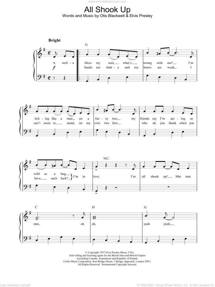 All Shook Up sheet music for piano solo by Elvis Presley and Otis Blackwell, easy skill level