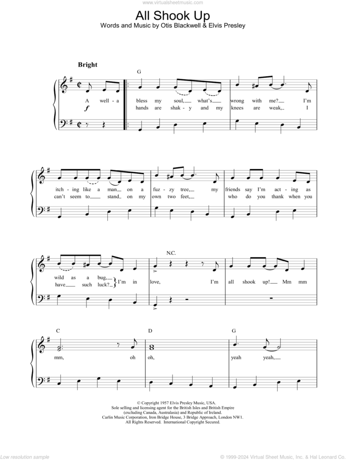 All Shook Up sheet music for piano solo by Elvis Presley and Otis Blackwell, easy skill level