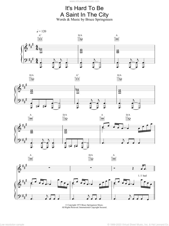 It's Hard To Be A Saint In The City sheet music for voice, piano or guitar by Bruce Springsteen, intermediate skill level