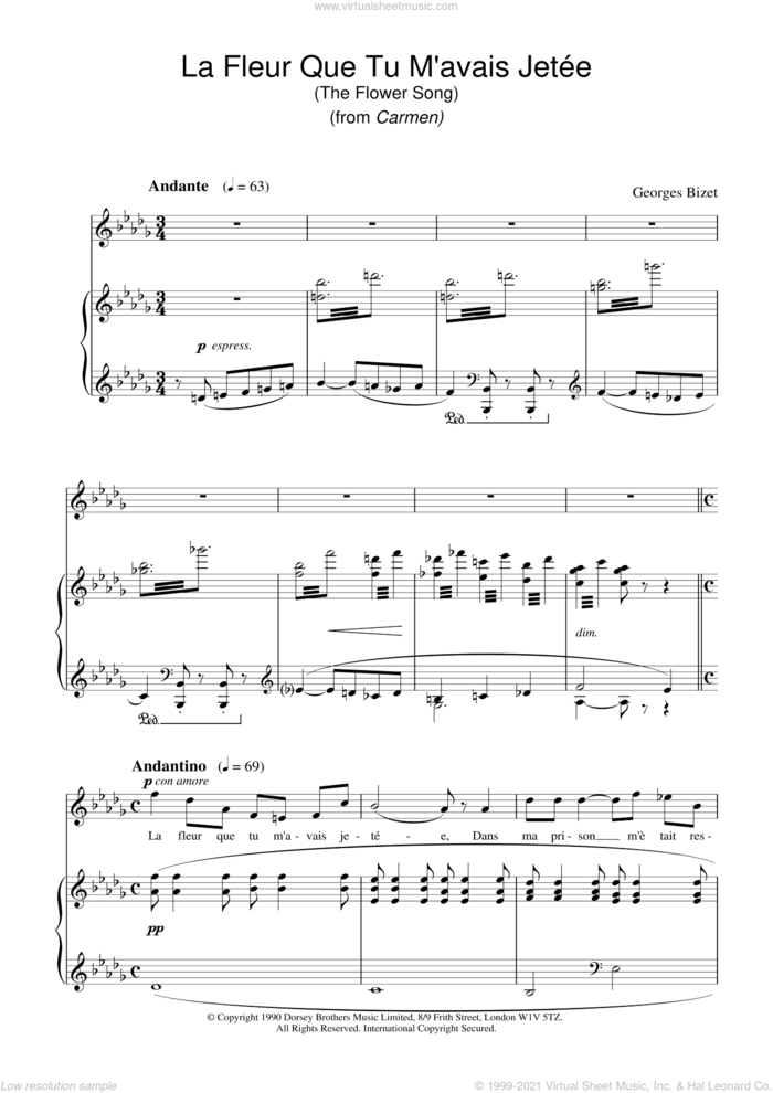 La Fleur Que Tu M'avais Jetee (The Flower Song) (from Carmen) sheet music for voice and piano by Georges Bizet, classical score, intermediate skill level