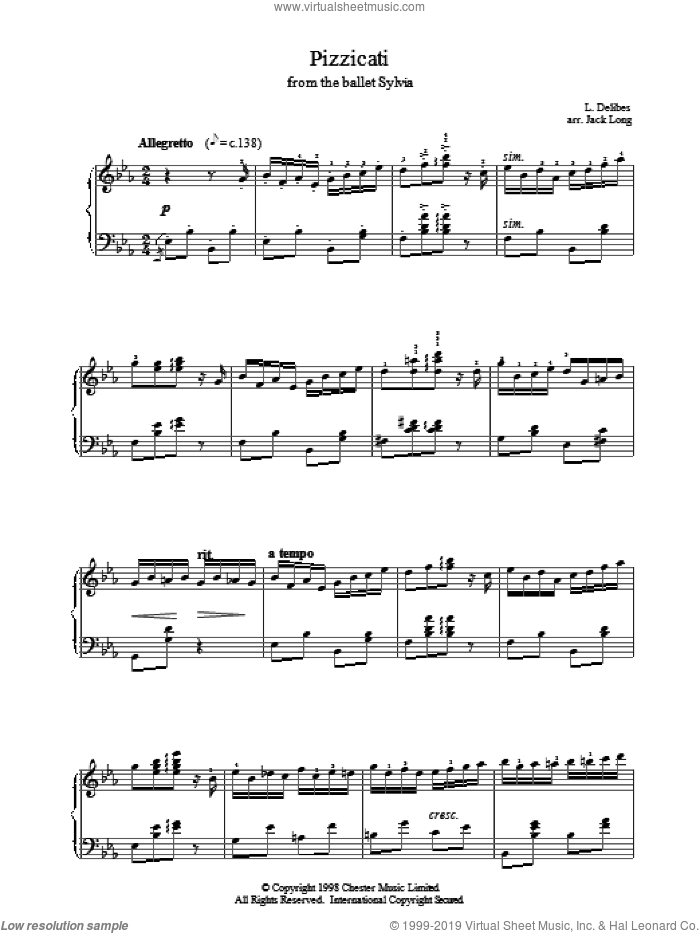 Pizzicati sheet music for piano solo by Leo Délibes and Leo Delibes, classical score, intermediate skill level
