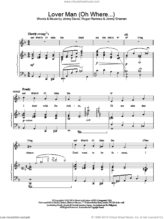 Lover Man (Oh Where Can You be) sheet music for piano solo by Jimmie Davies, Bessie Smith, Jimmy Sherman and Roger Ramirez, intermediate skill level