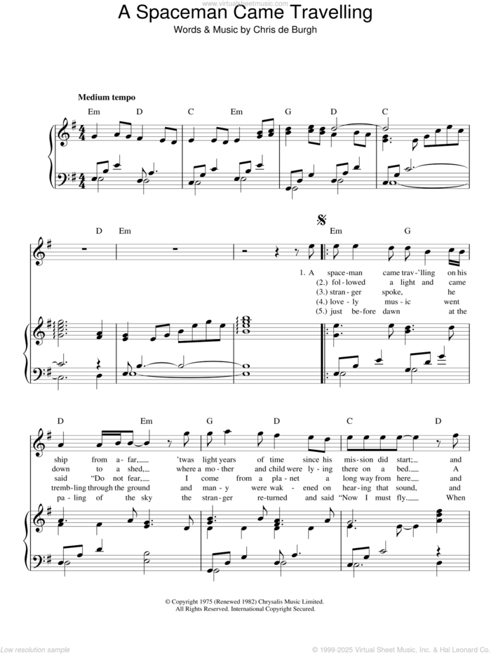 A Spaceman Came Travelling sheet music for voice, piano or guitar by Chris de Burgh, intermediate skill level