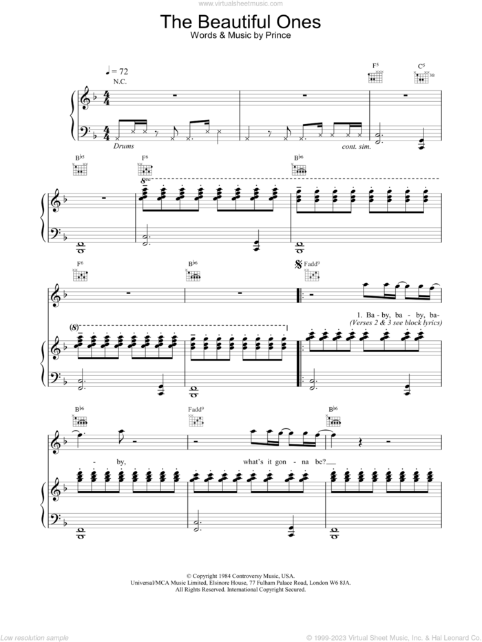 The Beautiful Ones sheet music for voice, piano or guitar by Prince and Prince & The Revolution, intermediate skill level