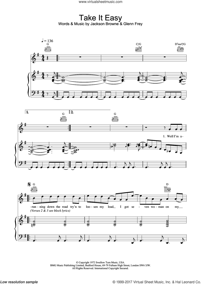 Take It Easy sheet music for voice, piano or guitar by Glenn Frey, The Eagles, Glen Frey and Jackson Browne, intermediate skill level