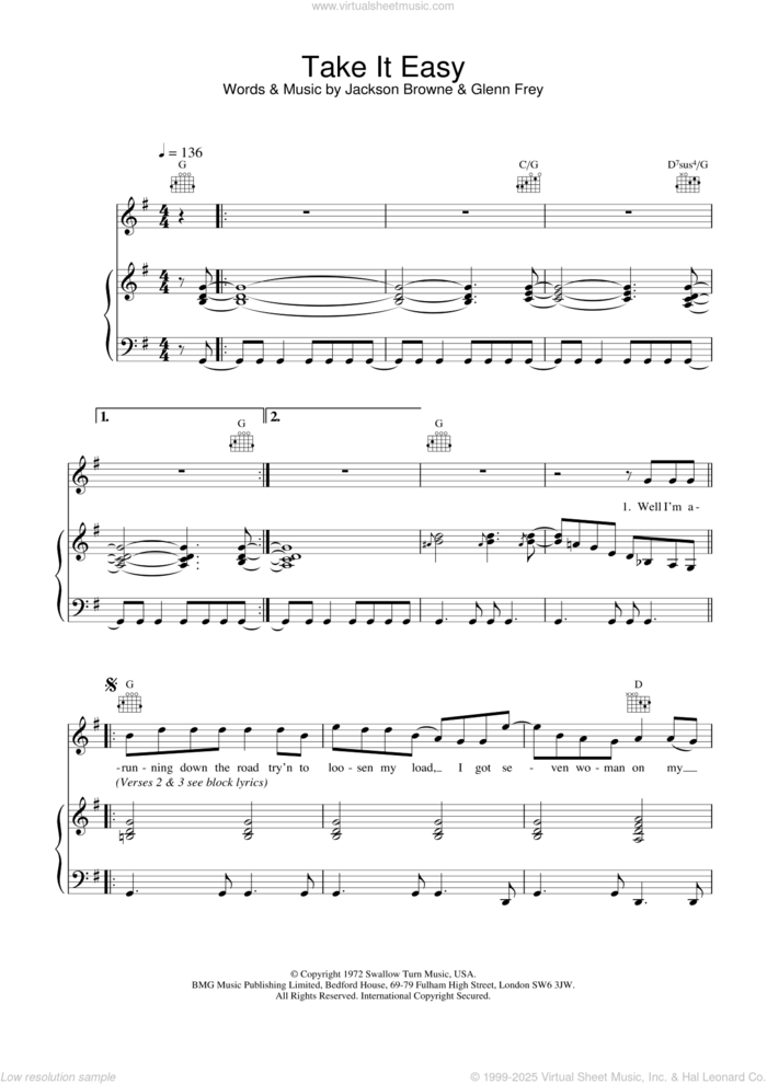 Take It Easy sheet music for voice, piano or guitar by Glenn Frey, The Eagles, Glen Frey and Jackson Browne, intermediate skill level