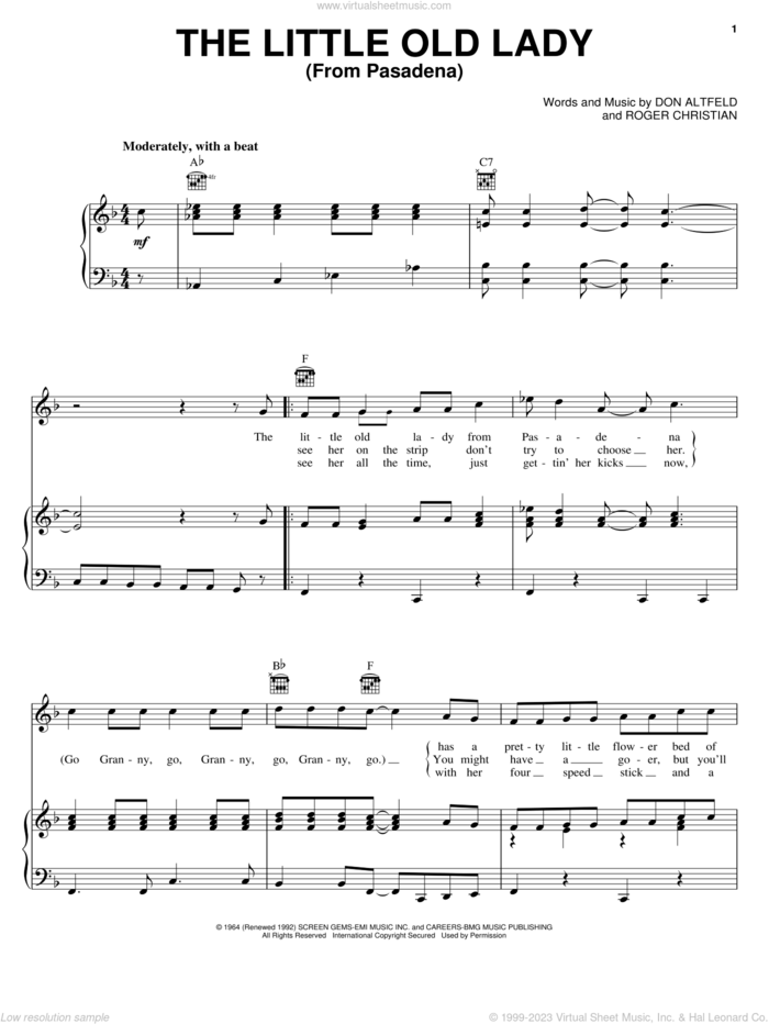 The Little Old Lady (From Pasadena) sheet music for voice, piano or guitar by Jan & Dean, Don Altfeld and Roger Christian, intermediate skill level