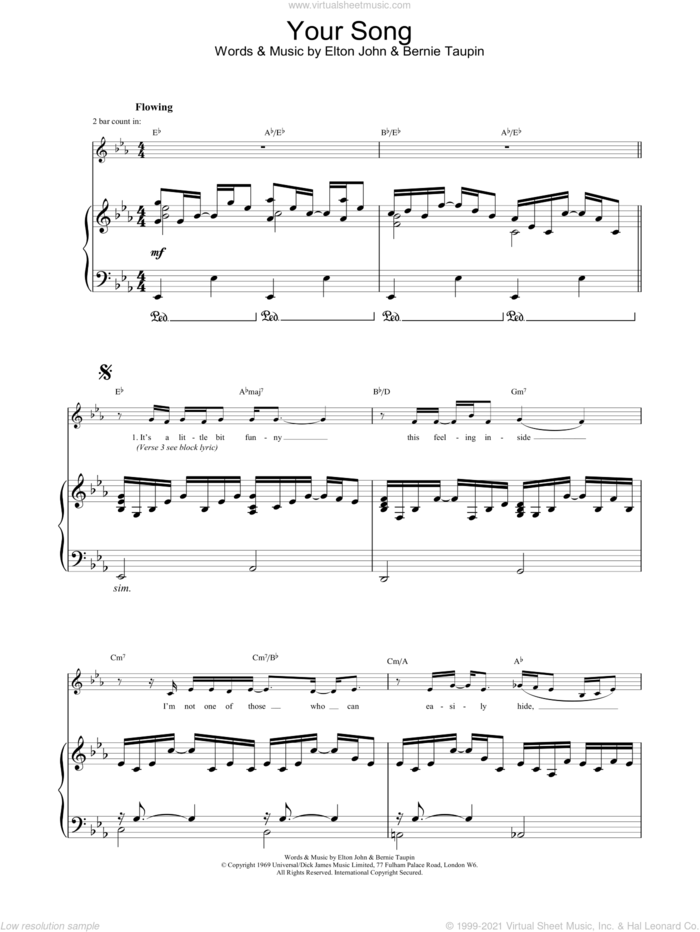 Your Song sheet music for voice, piano or guitar by Ewan McGregor, Bernie Taupin and Elton John, intermediate skill level