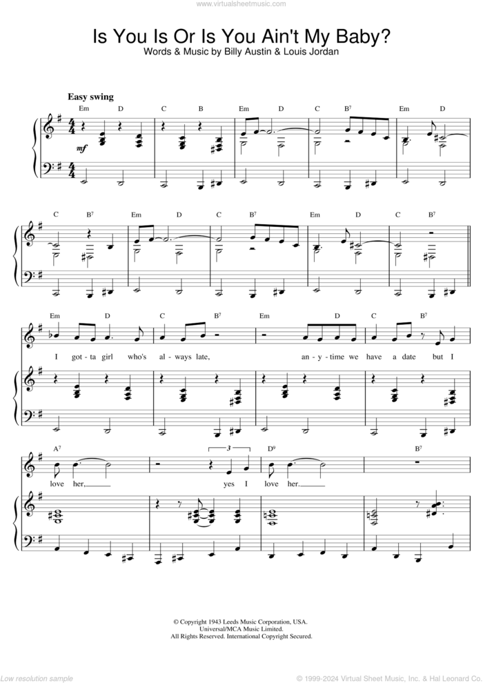 Is You Is Or Is You Ain't My Baby? sheet music for voice and piano by Louis Jordan, Louis Armstrong, Austin,Billy and Billy Austin, intermediate skill level