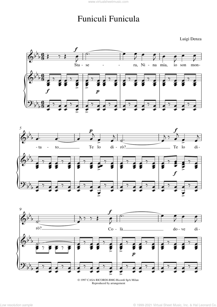 Funiculi, Funicula sheet music for voice and piano by Luigi Denza, intermediate skill level