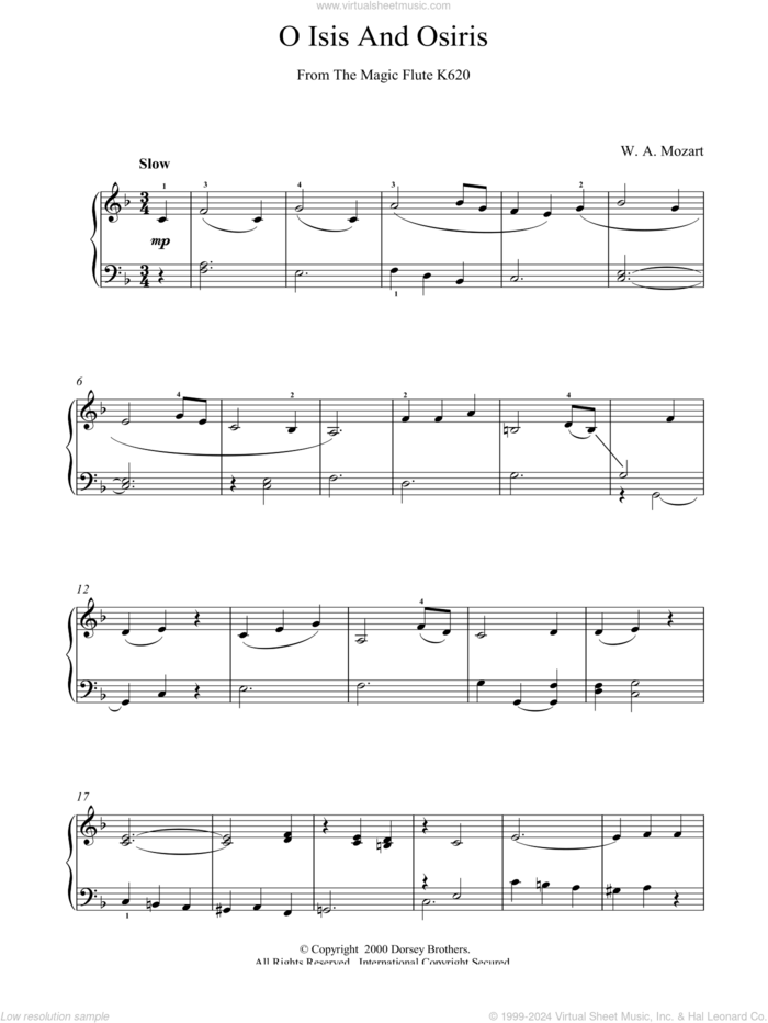 O Isis And Osiris From The Magic Flute K620 sheet music for piano solo by Wolfgang Amadeus Mozart, classical score, intermediate skill level