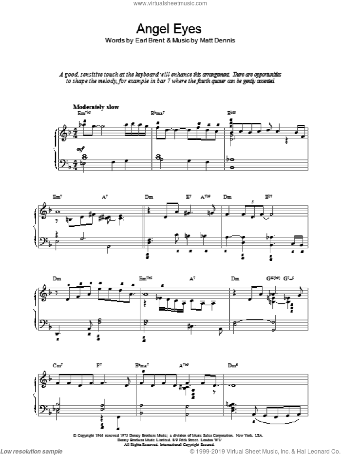 Angel Eyes sheet music for piano solo by Matt Dennis and Earl Brent, intermediate skill level