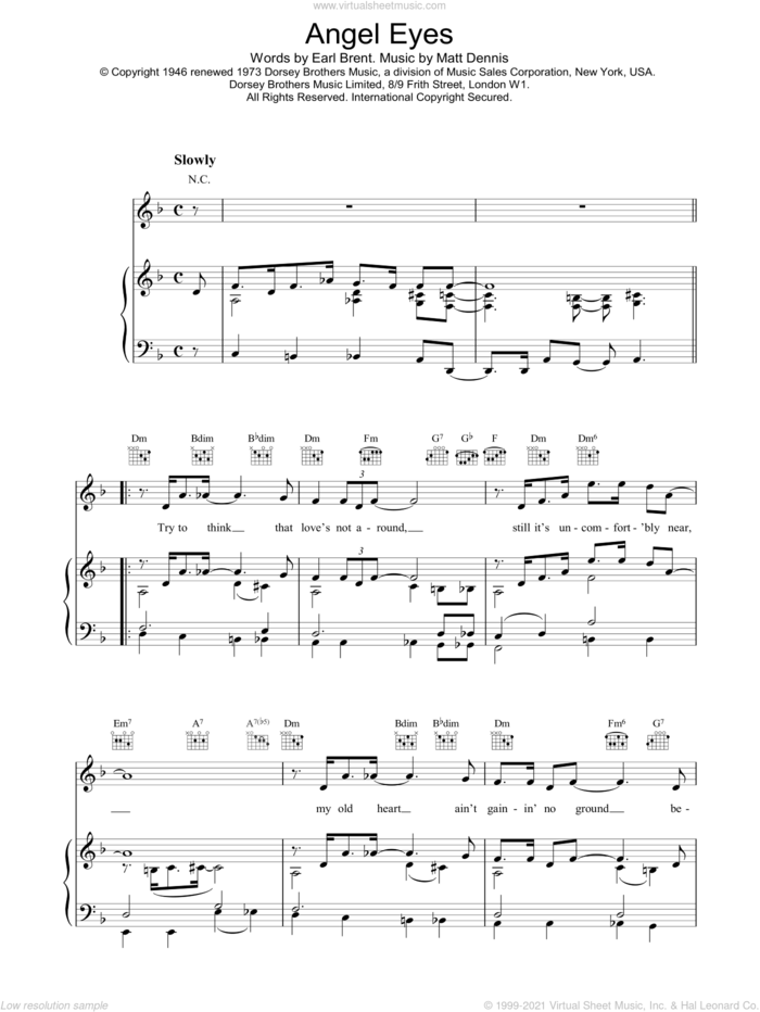 Angel Eyes sheet music for piano solo by Matt Dennis and Earl Brent, intermediate skill level