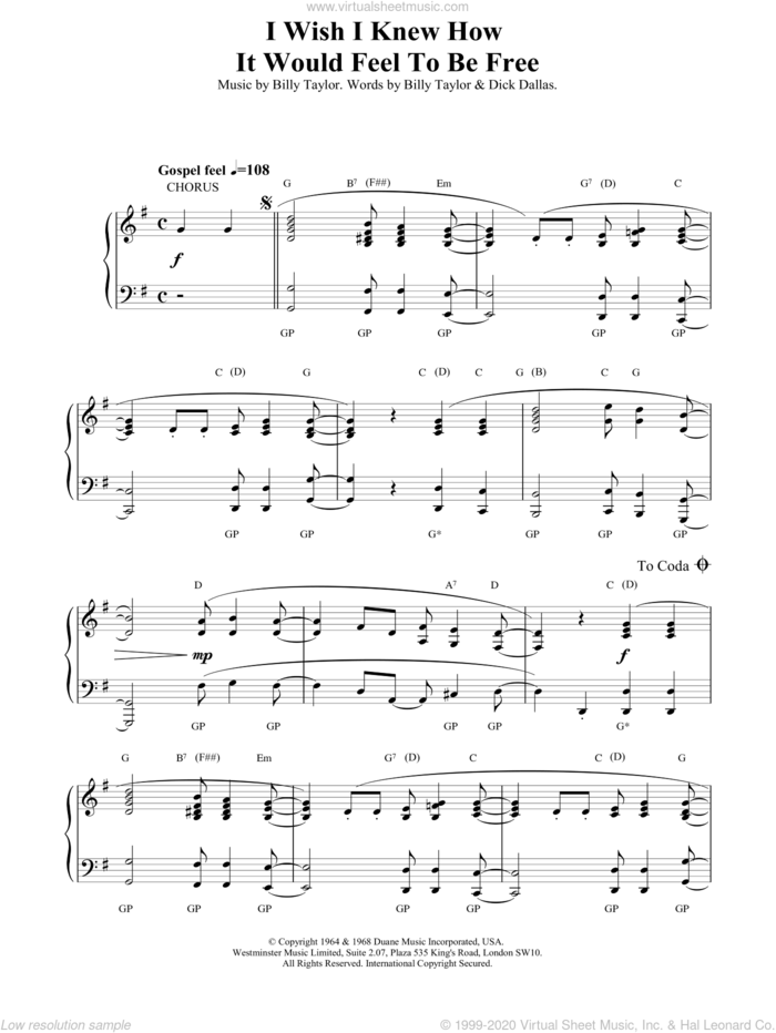 I Wish I Knew How It Would Feel To Be Free sheet music for piano solo by Billy Taylor and Miscellaneous, intermediate skill level