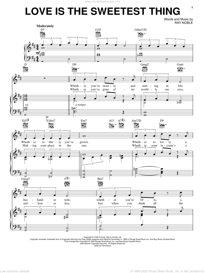 Love Is The Sweetest Thing sheet music for voice, piano or guitar by Ray Noble, intermediate skill level