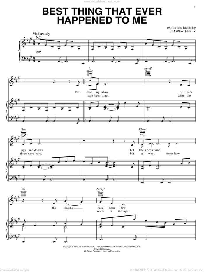 Best Thing That Ever Happened To Me sheet music for voice, piano or guitar by Ray Price, Gladys Knight & The Pips, Sweet Surrender and Jim Weatherly, intermediate skill level