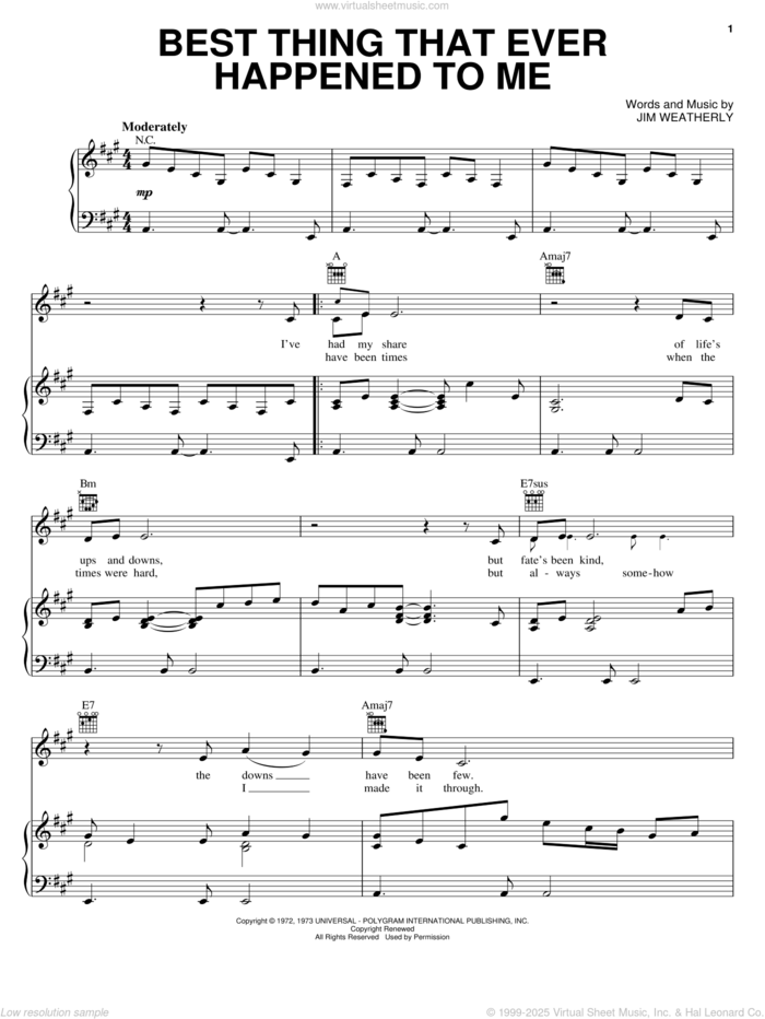 Best Thing That Ever Happened To Me sheet music for voice, piano or guitar by Ray Price, Gladys Knight & The Pips, Sweet Surrender and Jim Weatherly, intermediate skill level