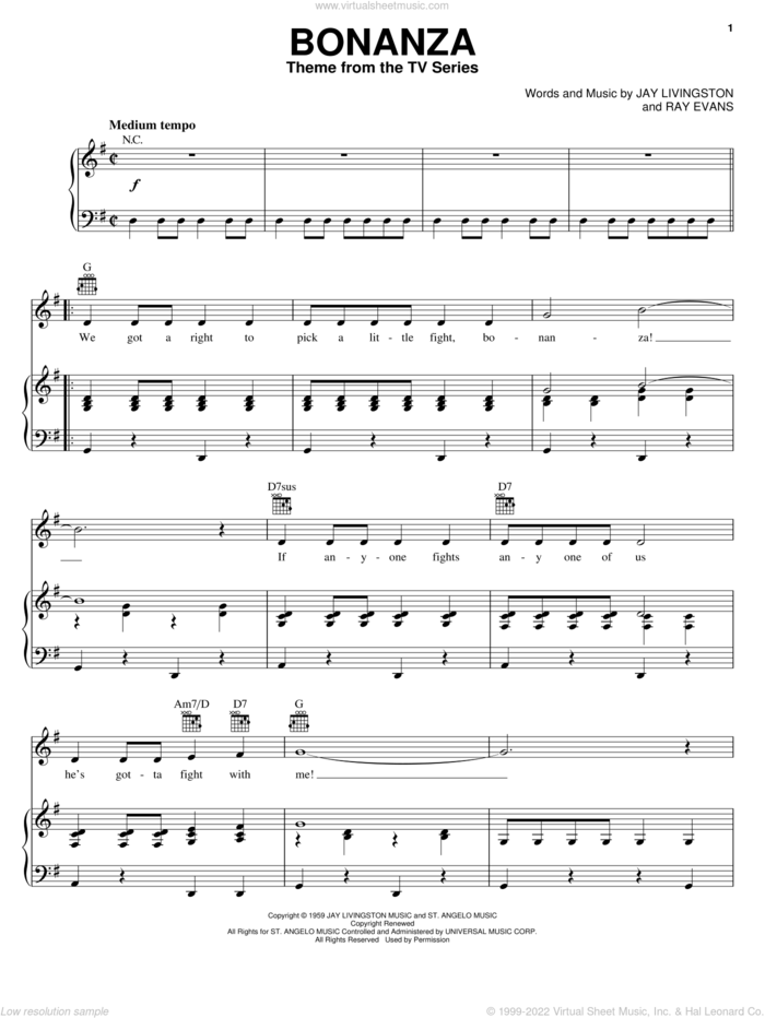Bonanza sheet music for voice, piano or guitar by Al Caiola, Johnny Cash, Jay Livingston and Ray Evans, intermediate skill level