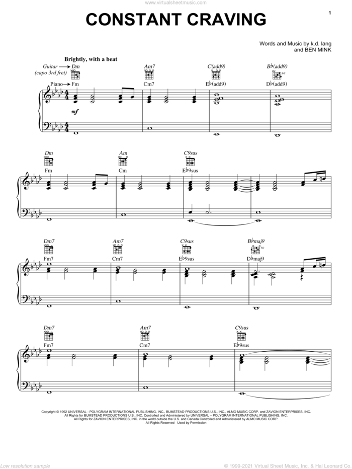 Constant Craving sheet music for voice, piano or guitar by K.D. Lang and Ben Mink, intermediate skill level