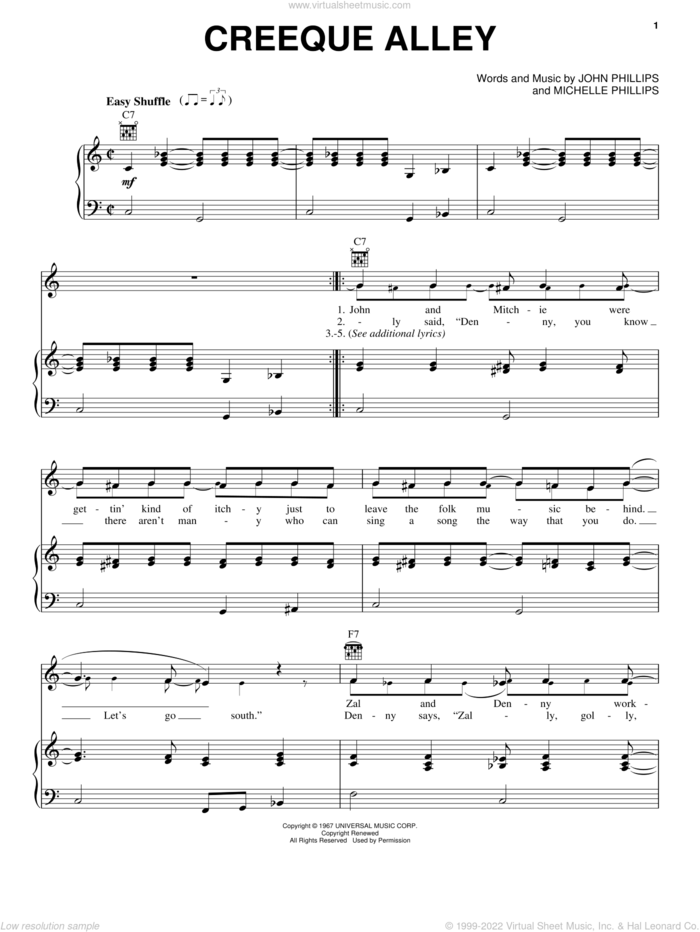 Creeque Alley sheet music for voice, piano or guitar by The Mamas & The Papas, John Phillips and Michelle Phillips, intermediate skill level