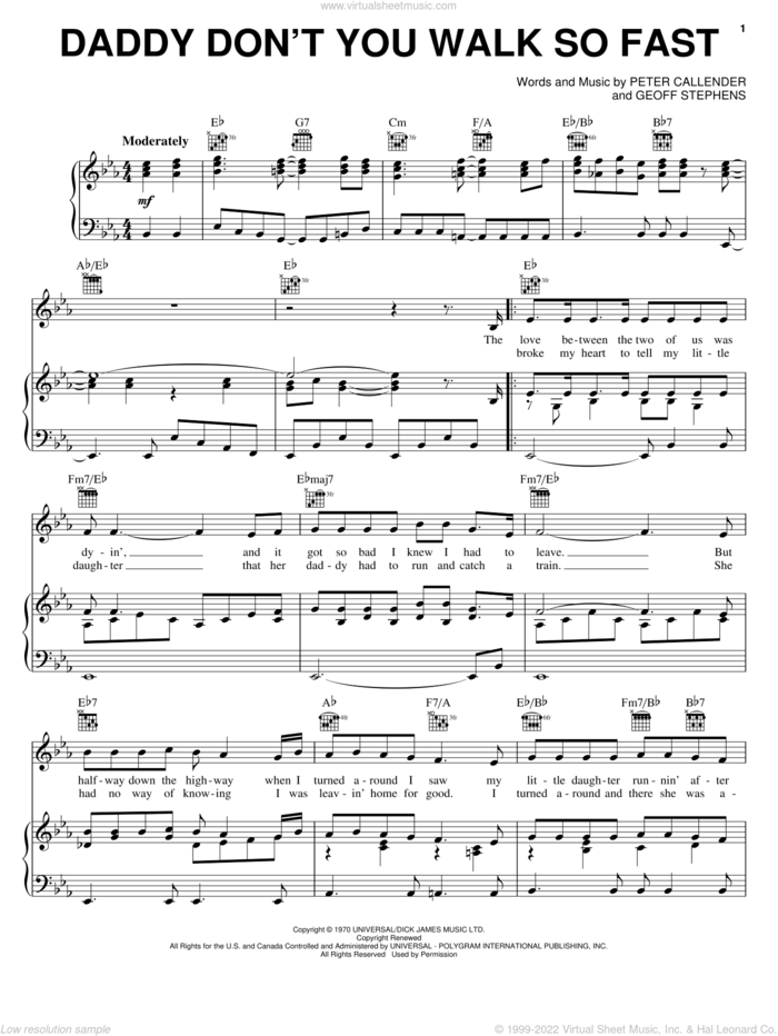 Daddy Don't You Walk So Fast sheet music for voice, piano or guitar by Wayne Newton, Roy Clark, Geoff Stephens and Peter Callender, intermediate skill level