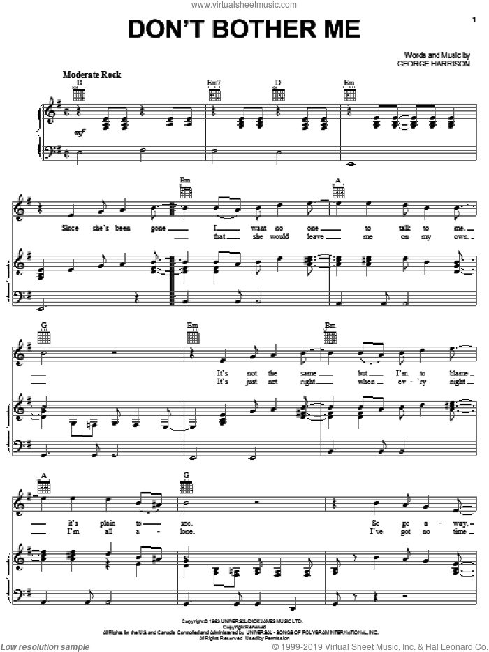 Don't Bother Me sheet music for voice, piano or guitar by The Beatles and George Harrison, intermediate skill level