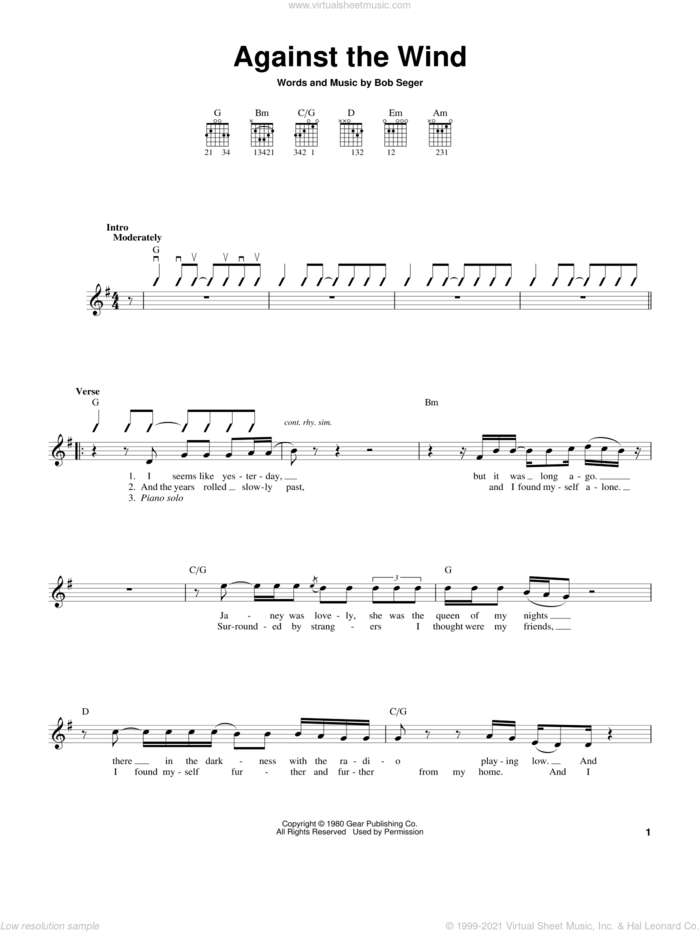 Against The Wind sheet music for guitar solo (chords) by Bob Seger, easy guitar (chords)