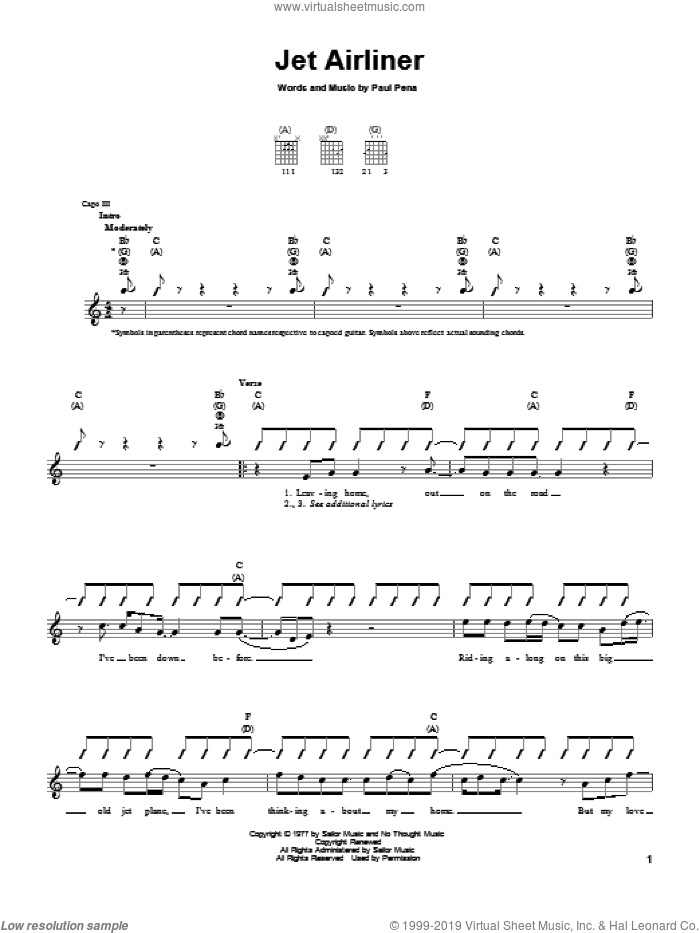 Jet Airliner sheet music for guitar solo (chords) by Steve Miller Band and Paul Pena, easy guitar (chords)