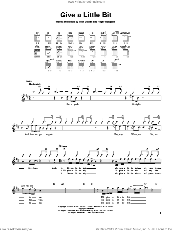 Give A Little Bit sheet music for guitar solo (chords) by Supertramp, Rick Davies and Roger Hodgson, easy guitar (chords)