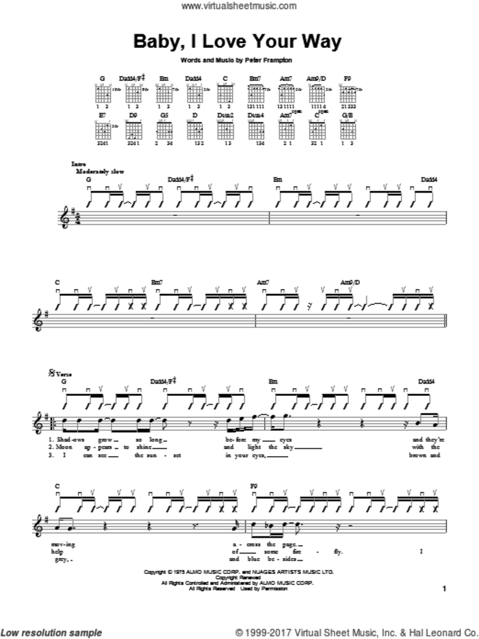 Baby, I Love Your Way sheet music for guitar solo (chords) by Peter Frampton, easy guitar (chords)
