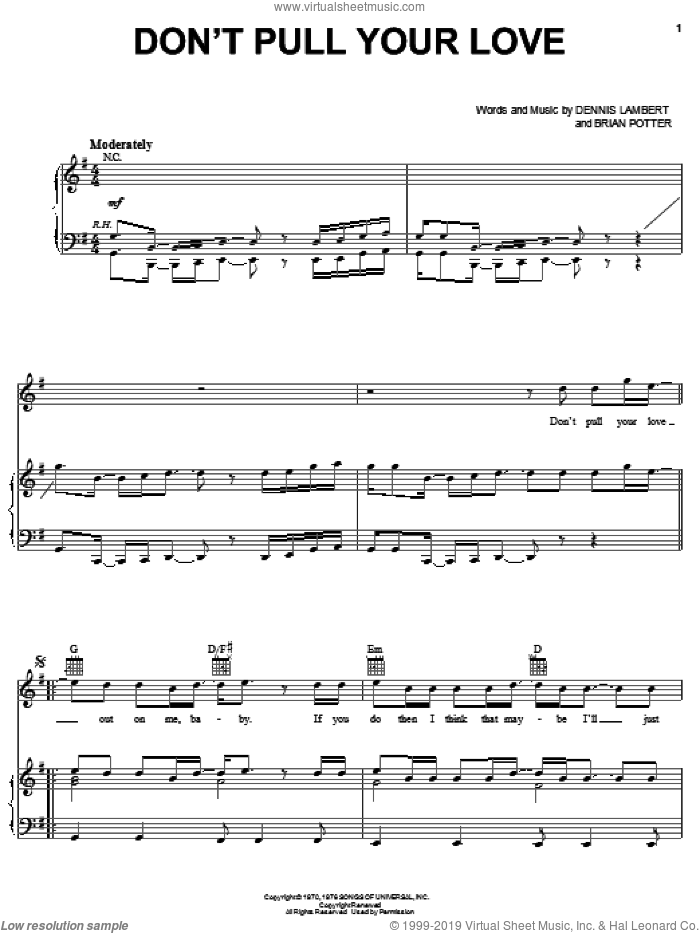 Don't Pull Your Love sheet music for voice, piano or guitar by Hamilton, Joe Frank & Reynolds, Sam & Dave, Brian Potter and Dennis Lambert, intermediate skill level