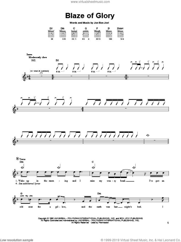 Blaze Of Glory sheet music for guitar solo (chords) by Bon Jovi, easy guitar (chords)