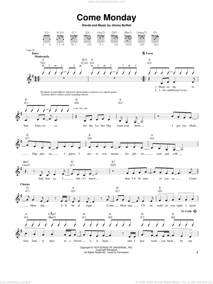 Come Monday sheet music for guitar solo (chords) by Jimmy Buffett, easy guitar (chords)
