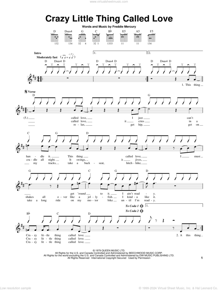 Crazy Little Thing Called Love sheet music for guitar solo (chords) by Queen and Freddie Mercury, easy guitar (chords)
