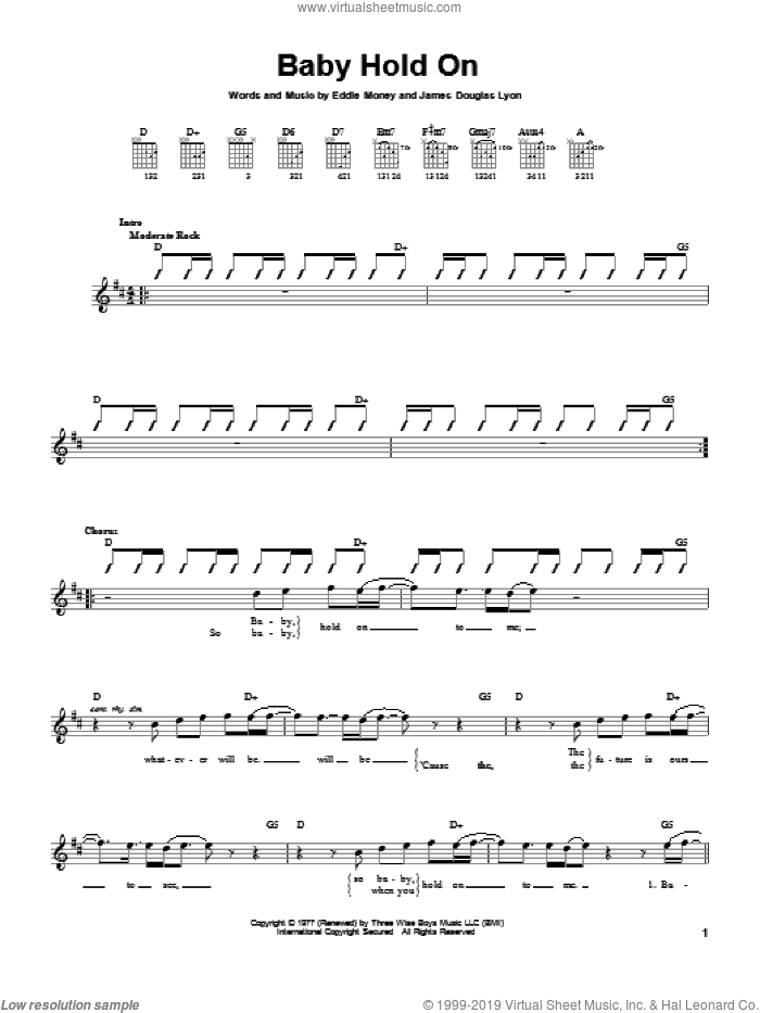 Baby Hold On sheet music for guitar solo (chords) by Eddie Money and James Douglas Lyon, easy guitar (chords)