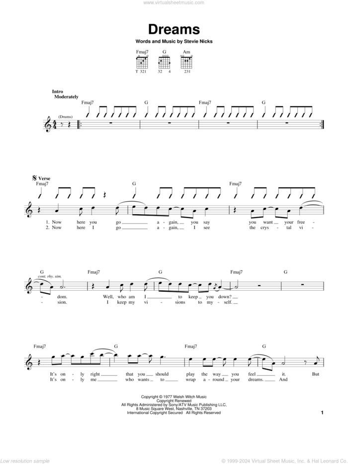 Dreams sheet music for guitar solo (chords) by Fleetwood Mac and Stevie Nicks, easy guitar (chords)