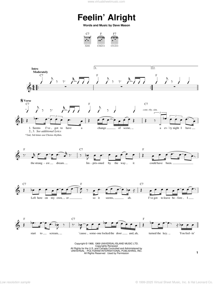 Feelin' Alright sheet music for guitar solo (chords) by Joe Cocker and Dave Mason, easy guitar (chords)