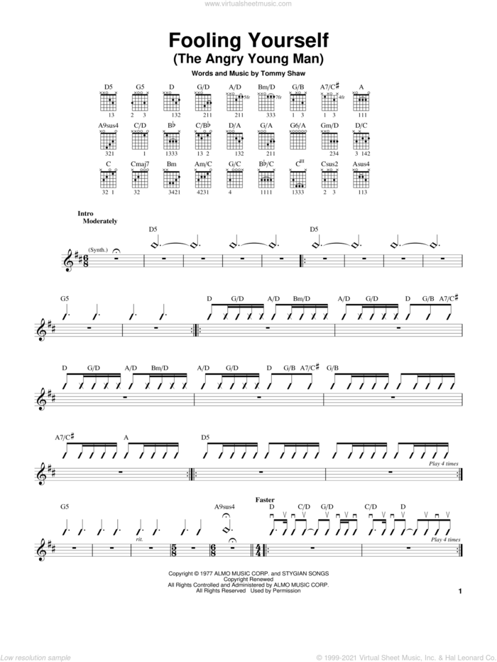 Fooling Yourself (The Angry Young Man) sheet music for guitar solo (chords) by Styx and Tommy Shaw, easy guitar (chords)