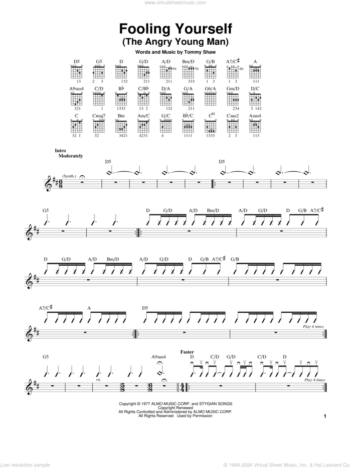 Fooling Yourself (The Angry Young Man) sheet music for guitar solo (chords) by Styx and Tommy Shaw, easy guitar (chords)