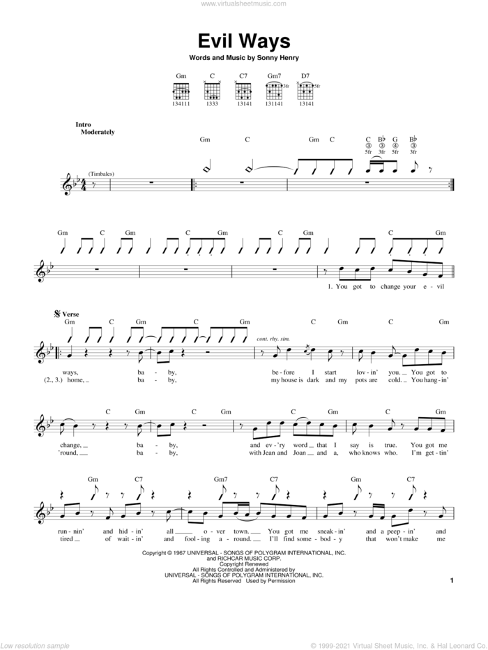 Evil Ways sheet music for guitar solo (chords) by Carlos Santana and Sonny Henry, easy guitar (chords)