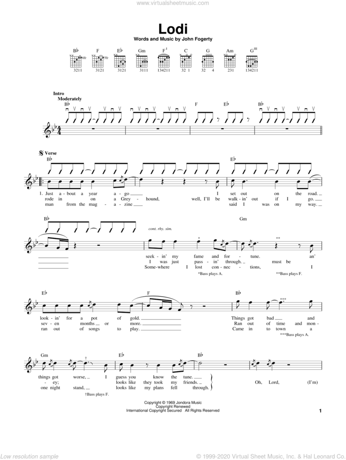 Lodi sheet music for guitar solo (chords) by Creedence Clearwater Revival and John Fogerty, easy guitar (chords)