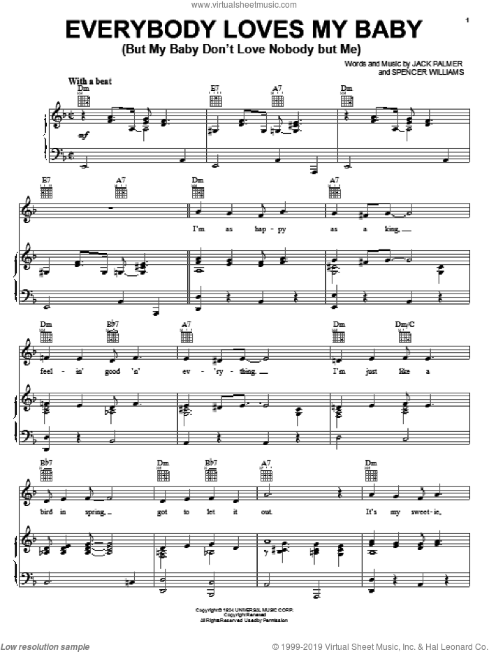 Everybody Loves My Baby (But My Baby Don't Love Nobody But Me) sheet music for voice, piano or guitar by Glenn Miller, Jack Palmer and Spencer Williams, intermediate skill level